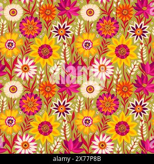 Motivo casuale floreale senza cuciture con vivaci fiori fantasia colorata in stile boemo in giallo, magenta, verde oliva, bianco. Ideale per tessuti, superfici, sfondi, carta da imballaggio, tessuti. Illustrazione Vettoriale