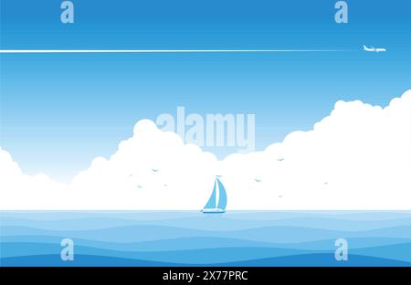 Cielo blu con nuvole, aereo e yacht a vela con silhouette all'orizzonte sul mare blu. Copiare lo spazio per il testo. Sfondo del modello vettoriale per la pubblicità Illustrazione Vettoriale