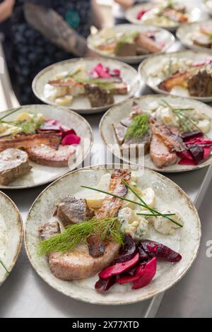Piatti deliziosi assortiti preparati da chef per cenare in un raffinato ristorante Foto Stock