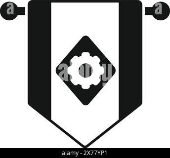 Semplice design grafico di un banner medievale stilizzato con simbolo di un ingranaggio Illustrazione Vettoriale