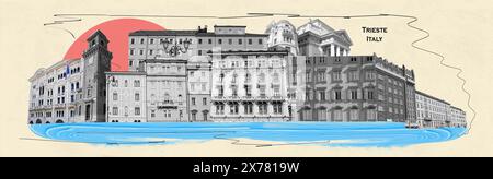 Le strade di Trieste con le facciate di antiche e colorate case mediterranee. Trieste in Italia - arte collage o design Foto Stock