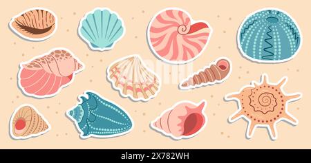 Set di adesivi carini con conchiglie marine. Collezione di conchiglie in stile piatto alla moda. Molluschi acquatici con conchiglia a conchiglia oceanica. Lumaca a spirale disegnata a mano, animali marini. Illustrazione vettoriale Illustrazione Vettoriale