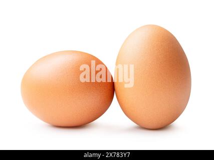 La vista frontale di due uova di pollo marrone è isolata su sfondo bianco con percorso di ritaglio. Foto Stock