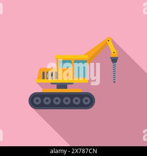 Illustrazione a design piatto di un escavatore a cartoni animati giallo con attacco per trapano, isolato su sfondo rosa Illustrazione Vettoriale