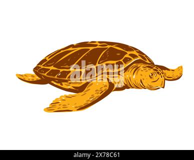 WPA poster art di una tartaruga marina o Caretta caretta, una specie di tartaruga oceanica vista dal davanti fatta nell'amministrazione dei lavori o fe Illustrazione Vettoriale
