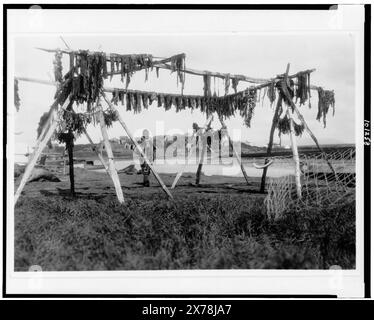 Drying Whale Meat Hooper Bay, Edward S. Curtis Collection., pubblicato in: The North American Indian / Edward S. Curtis. [Seattle, Washington.] : Edward S. Curtis, 1907-30, v. 20, p. 94.. Indiani del Nord America, Alaska, Hooper Bay, attività di sussistenza. , Eskimos, attività di sussistenza, 1920-1930. , Food Drying, Alaska, Hooper Bay, 1920-1930. Foto Stock