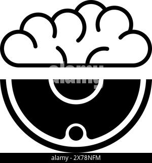 Un'icona nera con un cervello su un aspirapolvere robotizzato, che simboleggia la tecnologia di pulizia intelligente Illustrazione Vettoriale