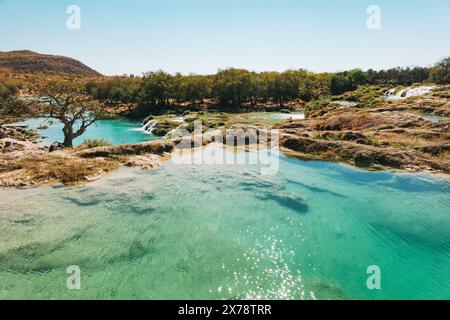 Una vibrante tonalità blu e verdi lussureggianti delle cascate a gradini di Wadi Darbat, Taqah, Oman, una popolare gita di un giorno da Salalah Foto Stock