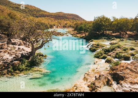 Una vibrante tonalità blu e verdi lussureggianti delle cascate a gradini di Wadi Darbat, Taqah, Oman, una popolare gita di un giorno da Salalah Foto Stock