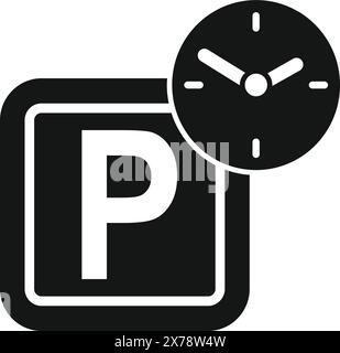 Icona in bianco e nero di un segnale di parcheggio con un orologio, che indica orari di parcheggio limitati Illustrazione Vettoriale