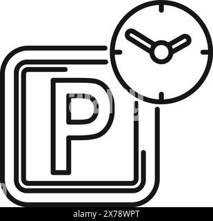 Vettore grafico in bianco e nero di un segnale di parcheggio con simbolo orologio integrato Illustrazione Vettoriale