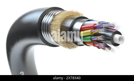 Cavo in fibra ottica. Struttura del cavo in fibra ottica autoportante multimodale per tutti i supporti isolata su bianco. illustrazione 3d. Foto Stock