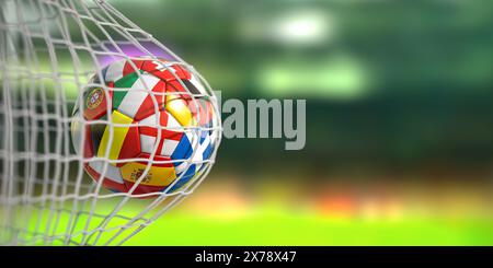 Pallone da calcio con bandiere dei paesi europei al netto della rete di gol dello stadio di calcio. Campionato europeo 2024. illustrazione 3d. Foto Stock