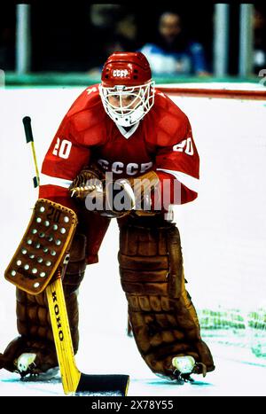 Vladislav Tretiak (URS) portiere durante i Giochi Olimpici invernali del 1984 Foto Stock