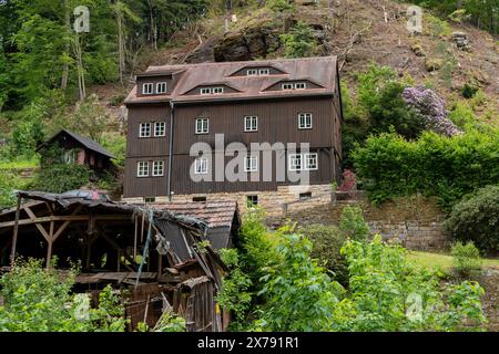 Una grande casa marrone con molte finestre si trova su una collina. La casa è circondata da alberi e cespugli Foto Stock