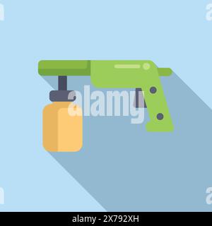 Icona di design piatto di una pistola a spruzzo per cartoni animati verde con un contenitore giallo su sfondo blu Illustrazione Vettoriale