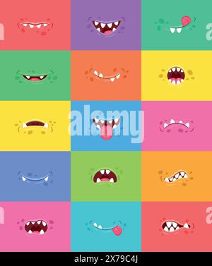 Set di 15 divertenti bocche di mostri. Folli emoticon dei cartoni animati. Illustrazione vettoriale. Illustrazione Vettoriale