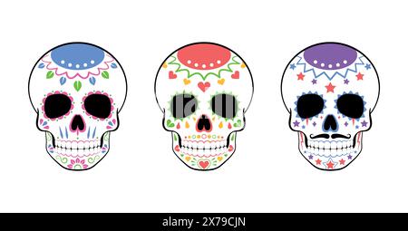 Set di 3 teschi di zucchero. Divertente stile cartoni animati. Illustrazione vettoriale. Illustrazione Vettoriale