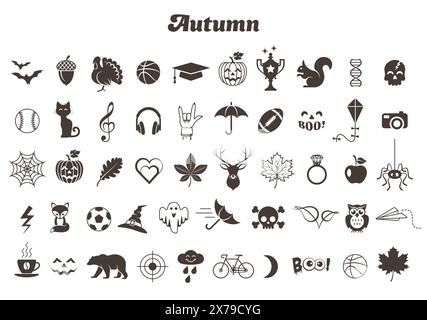 Set di 50 icone autunnali. Illustrazione vettoriale. Illustrazione Vettoriale