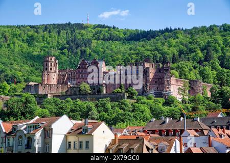 Vista del castello di Heidelberg dal Kornmarkt, città vecchia di Heidelberg, Heidelberg, Baden-Wuerttemberg, Germania Foto Stock