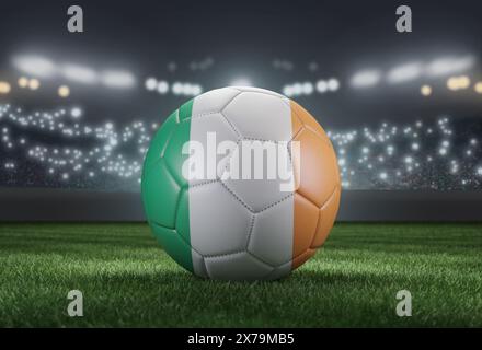 Palla di calcio in colori bandiera su uno sfondo luminoso e sfocato stadio. Irlanda. Immagine 3D Foto Stock