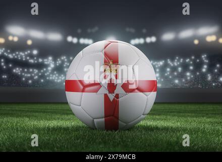 Pallone da calcio con bandiere colorate su uno sfondo luminoso e sfocato dello stadio. Irlanda del Nord. Immagine 3D Foto Stock