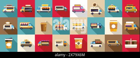 Icone vettoriali piatte del caffè Truck Cafe. Una collezione di carrelli per alimenti e caffè è mostrata in una griglia. I veicoli sono di varie dimensioni e colori e alcuni di essi sono provvisti di cartelli che segnalano i propri servizi. La scena è vivace e vivace Illustrazione Vettoriale