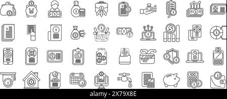 Icone di bilancio per la famiglia. Una raccolta di icone correlate al denaro, tra cui un salvadanaio, un portafoglio, una calcolatrice e un orologio Illustrazione Vettoriale