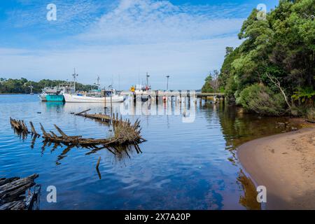 Resti di chiatte in legno abbandonate e in decomposizione a Risby Cove, Strahan, West Coast Tasmania Foto Stock