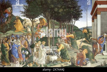 La Gioventù di Mosè o le prove di Mosè è un affresco del pittore rinascimentale italiano Sandro Botticelli e della sua bottega, eseguito nel 1481-1482 nella Cappella Sistina di Roma Foto Stock