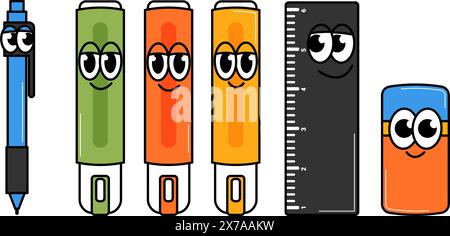 Illustrazione retrò contemporanea di ritorno a scuola. Set di forniture scolastiche e penna per cancelleria, pennarelli, righello, gomma con volti simpatici su sfondo trasparente Illustrazione Vettoriale