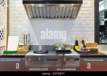 Foto interna di una cucina moderna. Con un'elegante stufa, un lavandino elegante e una sofisticata cappa di scarico, questo spazio incarna la fusione perfetta Foto Stock