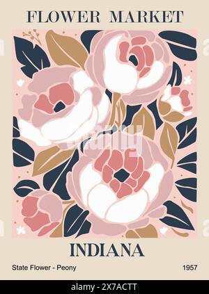 Manifesto artistico astratto del mercato dei fiori di Peony in Indiana. Illustrazione Vettoriale