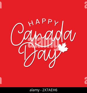 Logo scritto a mano per l'happy Canada Day con un vettore in foglia d'acero rosso. Biglietto di auguri tipografico, poster, striscione per il giorno del Canada. sfondo rosso. Illustrazione Vettoriale
