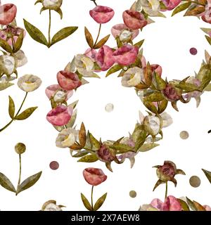 Delicate peonie decorative di colore rosa e crema con fogliame verde, arte digitale disegnata a mano in stile acquerello, motivo senza cuciture su sfondo bianco per la stampa su tessuto e carta Foto Stock