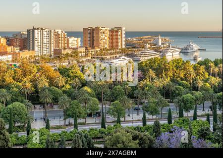 Vista aerea del Paseo del Parque e del molo di Malaga, Spagna, alla luce del tramonto Foto Stock