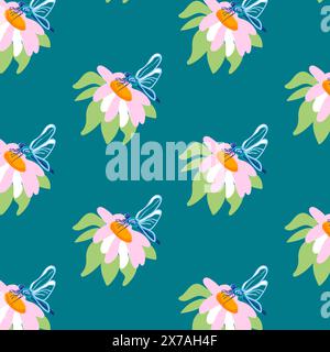 Sfondo estivo margherite libellule sfondo turchese scuro giardino rosa estivo ornamento fiori poster di imballaggio modello carta da parati chintz muslin cambric Illustrazione Vettoriale