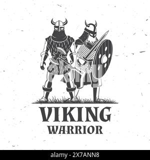 Logo Vikings Warrior, distintivo, adesivo. Illustrazione vettoriale. Per emblemi, etichette e patch. Caschetto in stile monocromatico vikings con doppia ascia, battaglia Illustrazione Vettoriale