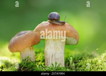 Piccola lumaca che strizza sul fungo commestibile in una foresta su sfondo verde. Funghi Boletus edulis Foto Stock