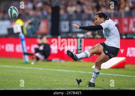 Christchurch, nuova Zelanda, 19 maggio 2024. Ruahei Demant della nuova Zelanda calciò una conversione durante lo scontro della Pacific Four Series 2024 tra i Black Ferns e il Canada al Christchurch's Apollo Projects Stadium. Crediti: James Foy/Alamy Live News Foto Stock