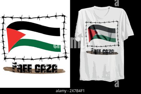 Una t-shirt bianca con una bandiera della palestina e una recinzione di filo spinato Illustrazione Vettoriale