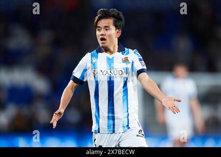 Takefusa Kubo del Real Sociedad reagisce durante la partita LaLiga EA Sports tra Real Sociedad e Valencia CF al reale Arena Stadium il 16 maggio 2024 a Foto Stock