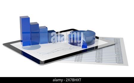 Grafico a torta e barra di vetro blu su tablet e foglio di carta di bilancio su sfondo bianco, concetto di budget aziendale o finanziario, illustrazione 3D. Foto Stock