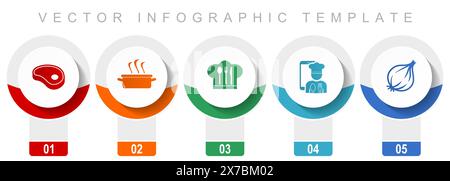 Set di icone per il cibo, varie icone vettoriali come bistecca, pentola, cappello da chef e cipolla, modello infografico dal design moderno, pulsanti Web in 5 opzioni di colore Illustrazione Vettoriale
