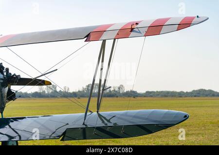 Ali di un vecchio biplano po-2 con una pista di erba sullo sfondo Foto Stock