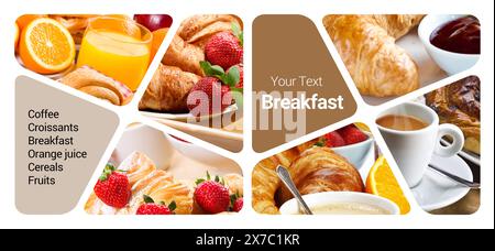 Concetto di colazione Photo Collage. Può essere utilizzato per supporti visivi, espositori, brochure e volantini Foto Stock