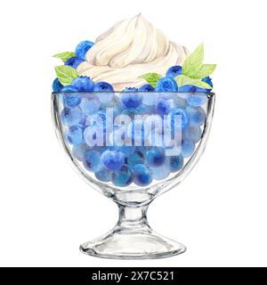 Mirtilli maturi in un bicchiere da dessert e una bella crema montata sulla parte superiore. Illustrazione acquerello. Rinfrescante dessert estivo, yogurt ghiacciato e Be Foto Stock