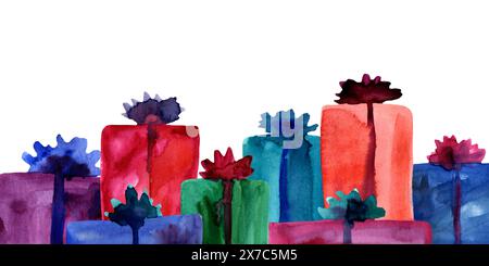 Confezioni regalo colorate con colori acquerelli e composizione ad arco. Vivace bozza dipinta a mano della confezione per le vacanze bordo senza cuciture. semplice elemento di design astratto Foto Stock