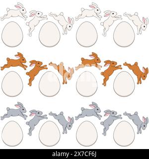 Set di motivi orizzontali senza cuciture con coniglietto pasquale e uova. Oggetti vettoriali isolati su sfondo bianco. Illustrazione Vettoriale