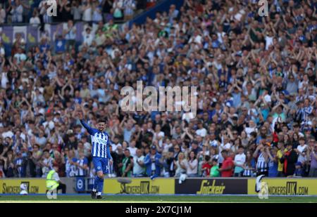 Adam Lallana di Brighton e Hove Albion ondeggia alla folla mentre viene sostituito nella sua ultima partita con il club durante la partita di Premier League all'Amex Stadium, Brighton e Hove. Data foto: Domenica 19 maggio 2024. Foto Stock